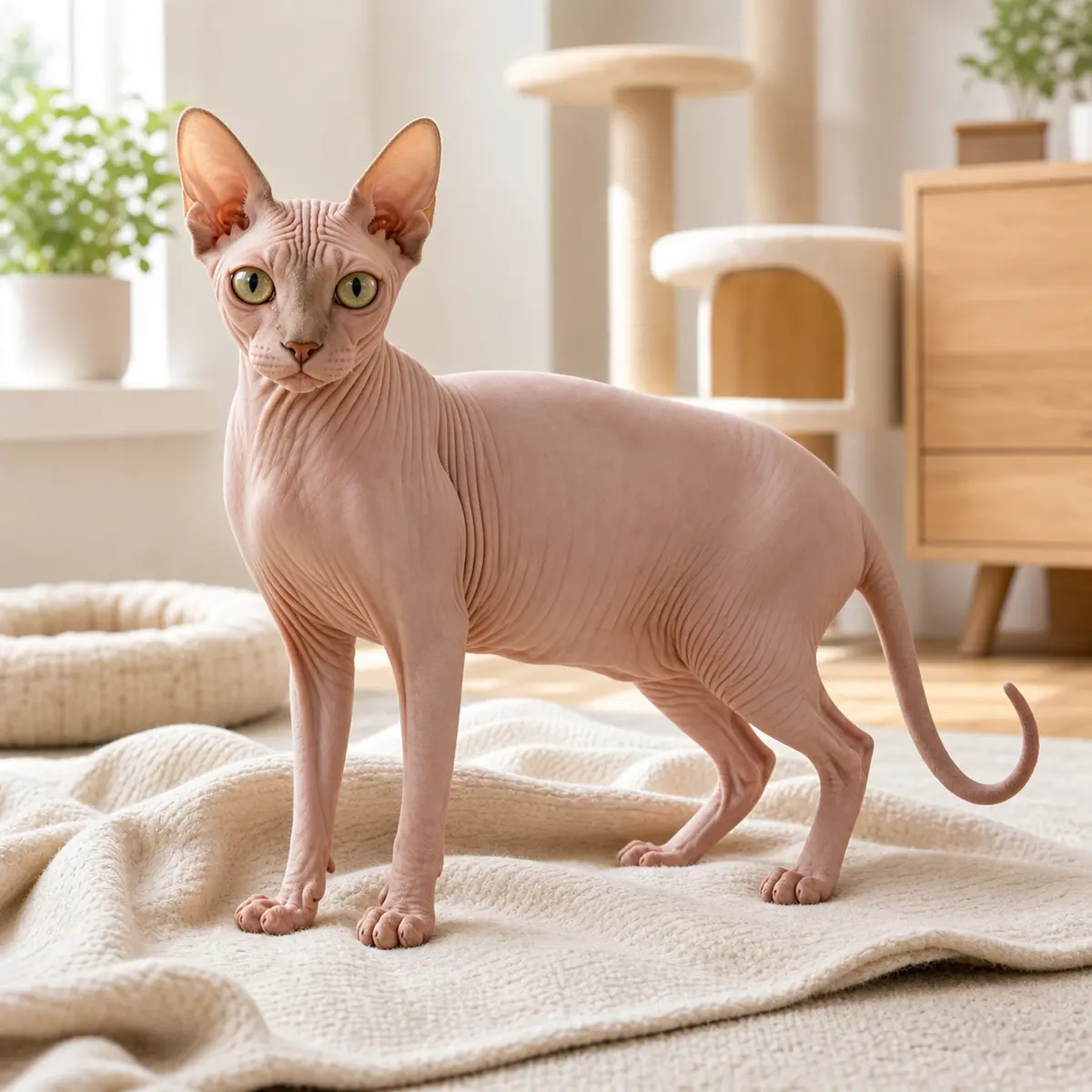 Sphynx cat standing in a bright modern home