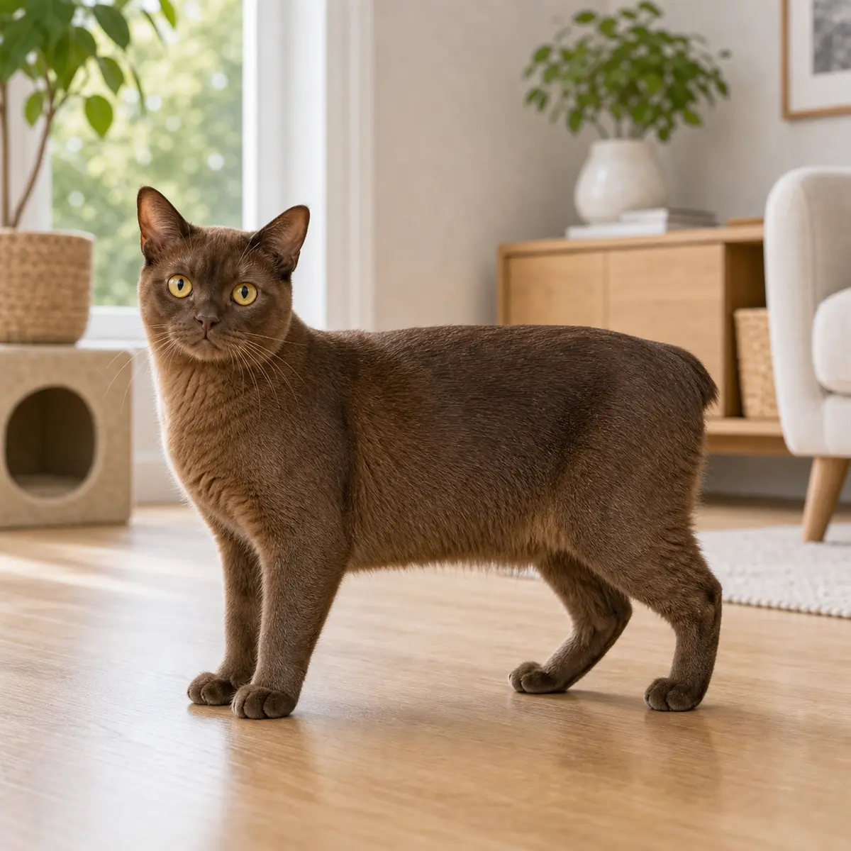 Suffolk cat standing in a bright modern home