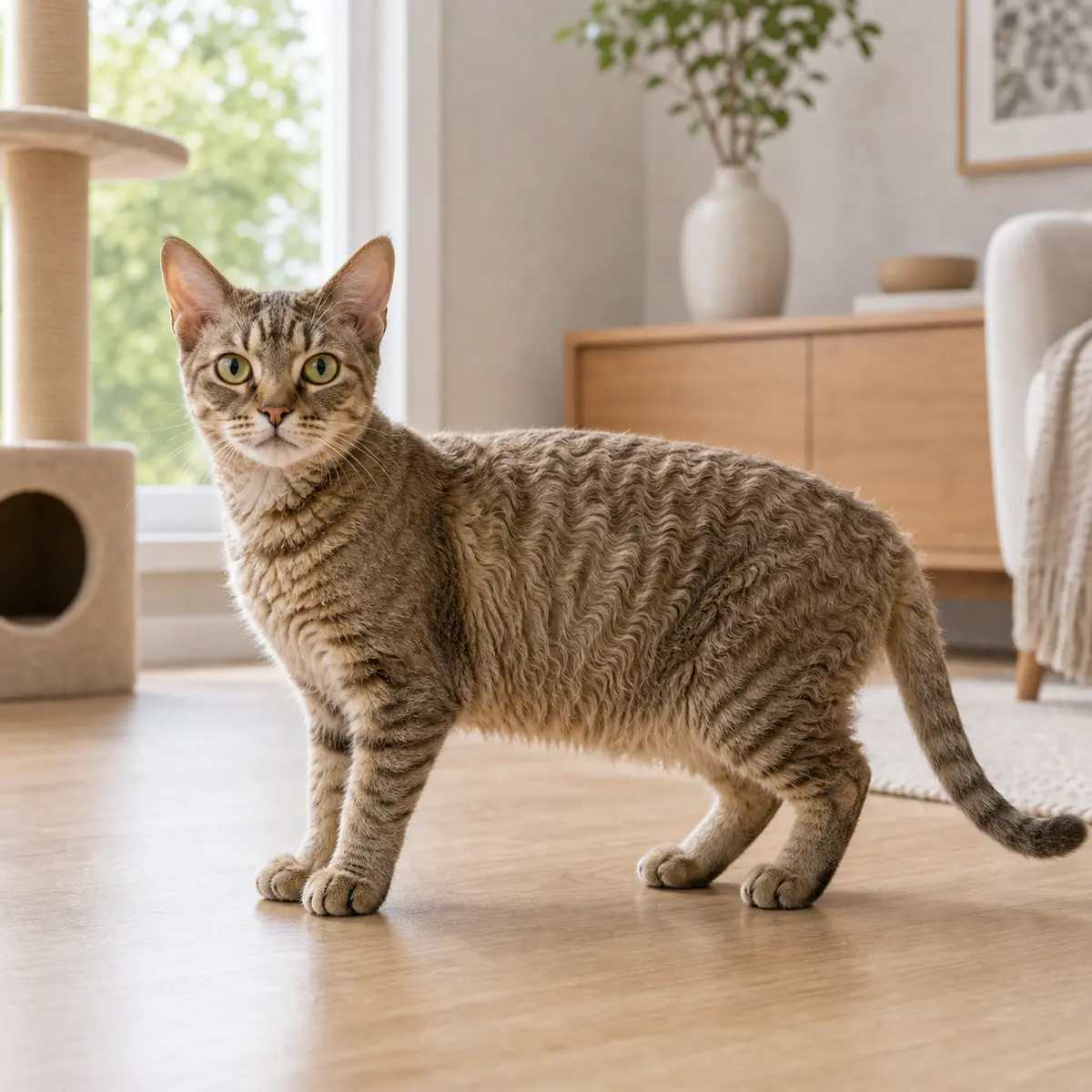 Tennessee Rex cat standing in a bright modern home