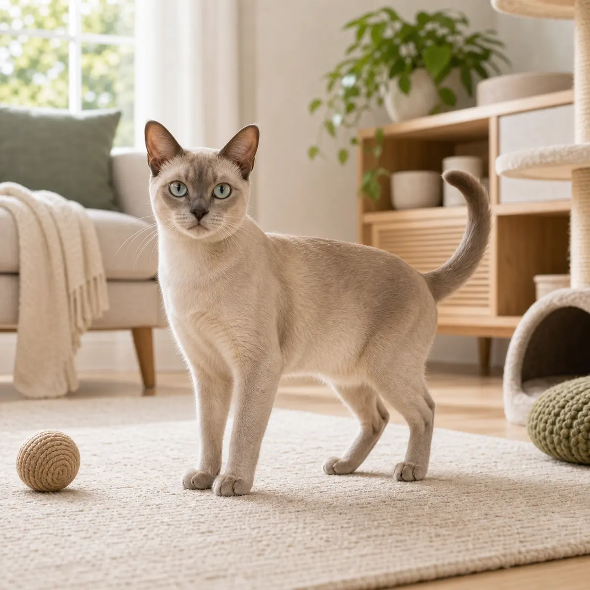 Tonkinese cat standing in a bright modern home