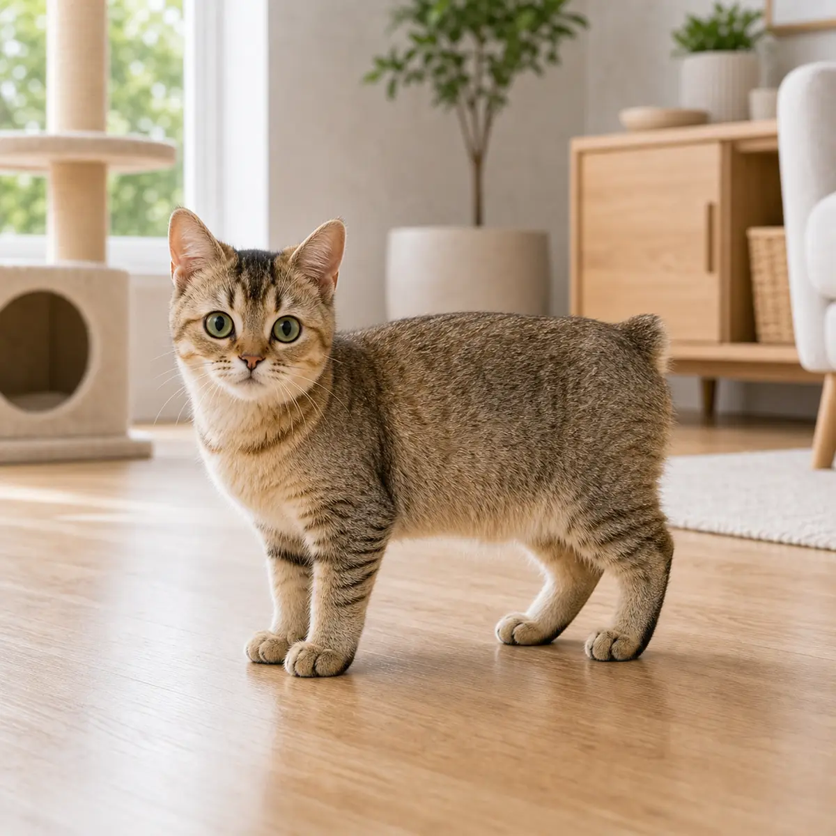Toybob cat standing in a bright modern home