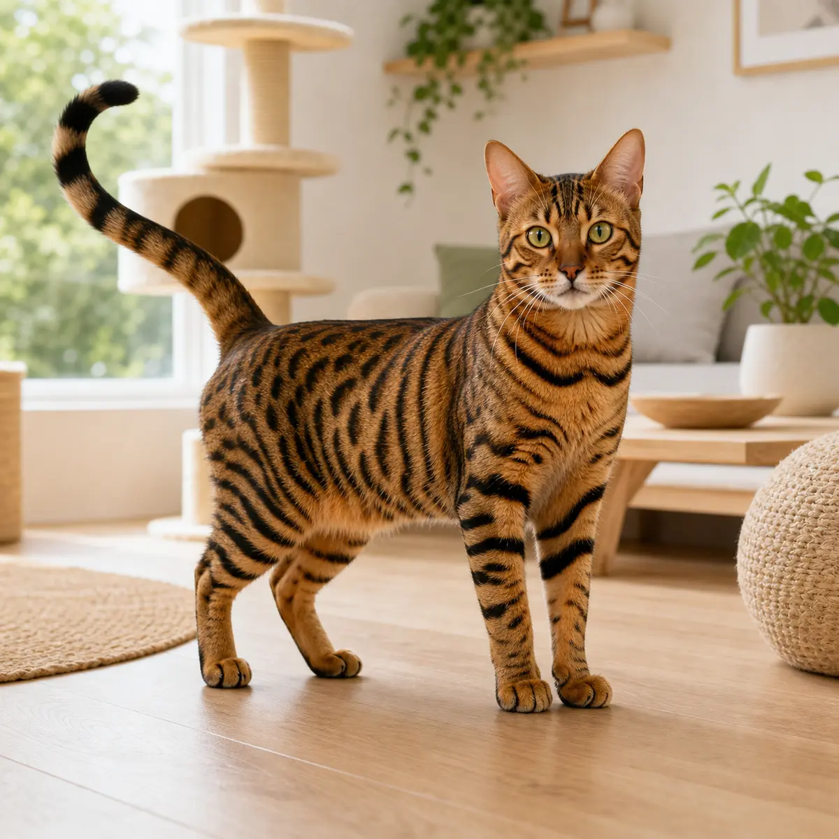 Toyger cat standing in a bright modern home