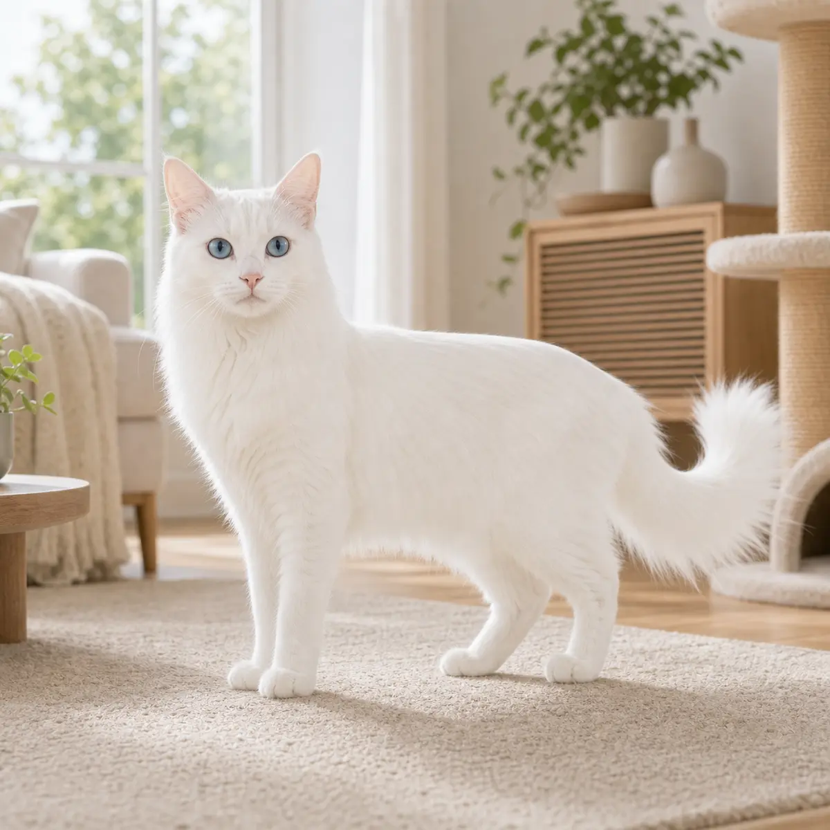 Turkish Angora cat standing in a bright modern home
