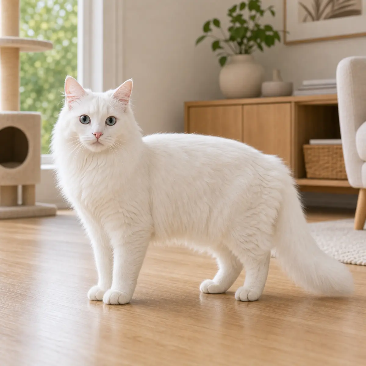 Turkish Vankedisi cat standing in a bright modern home