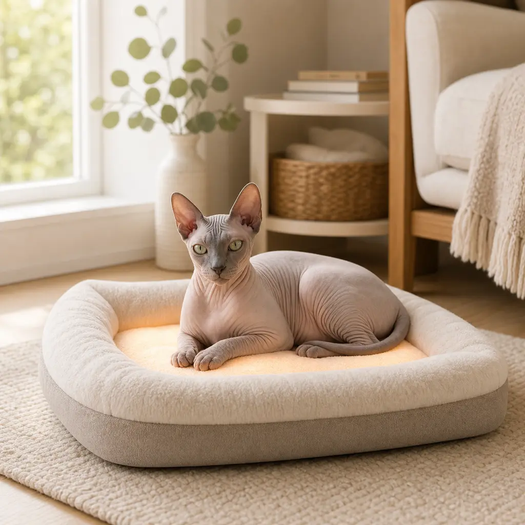 Older cat resting on a warm indoor bed