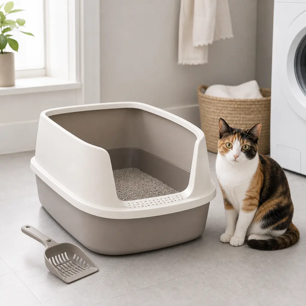 Clean cat litter box in a quiet room