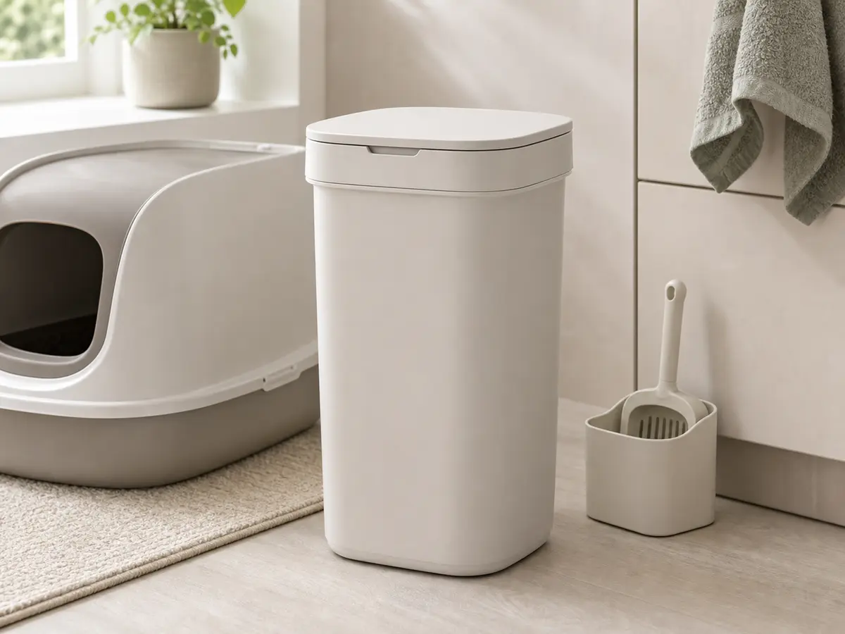 Sealed litter disposal pail beside a modern litter box