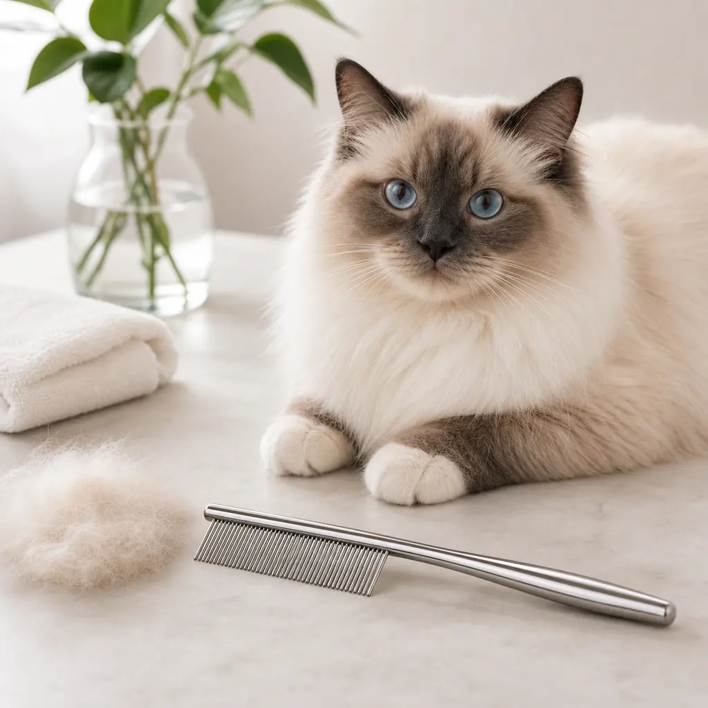 Cat grooming comb beside a long-haired cat