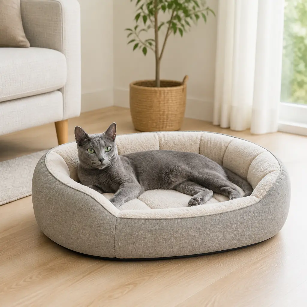 Cat lying in a washable bolster bed