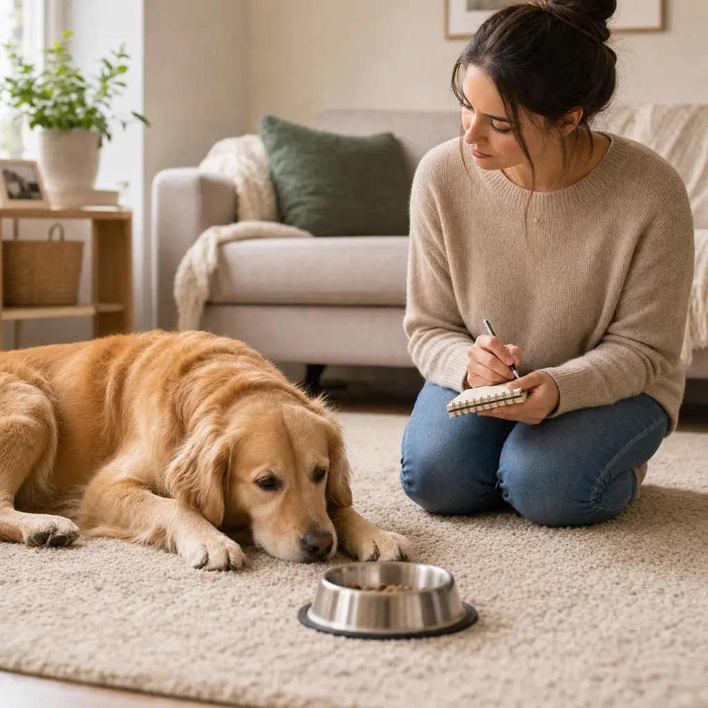 Owner watching a quiet dog and noting appetite and behavior changes at home.