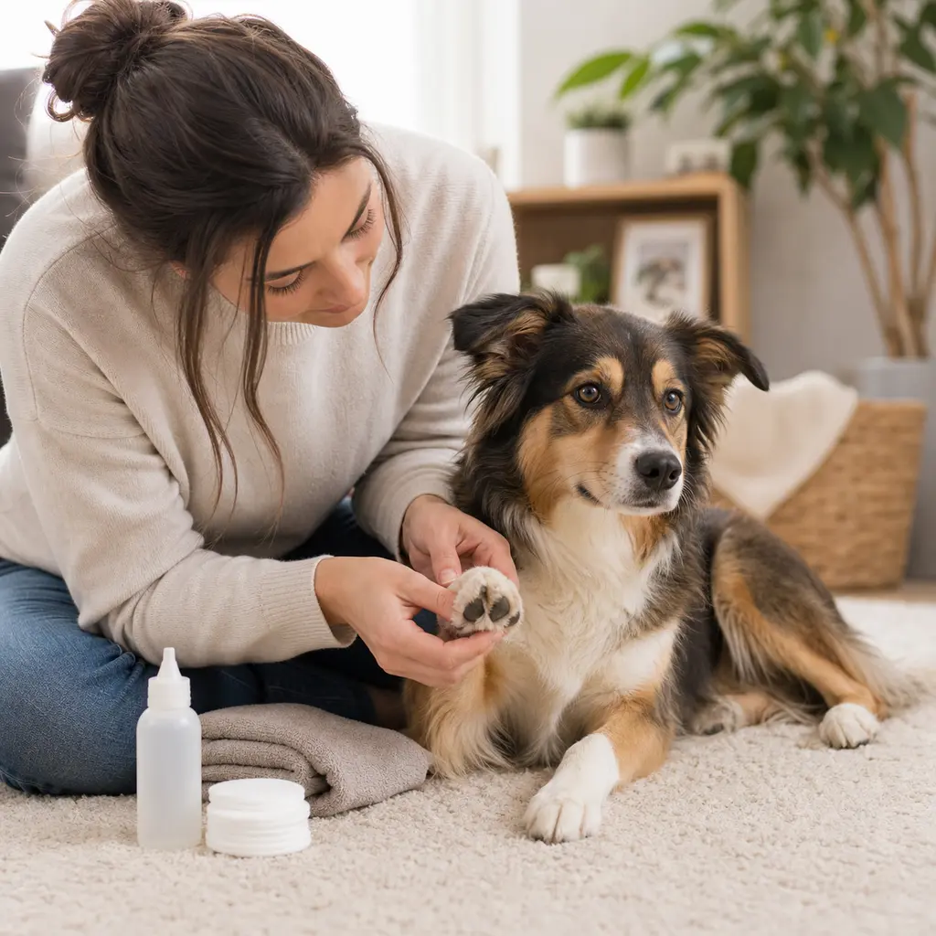 Owner gently checking a dog's paw during routine skin, ear, and paw care.