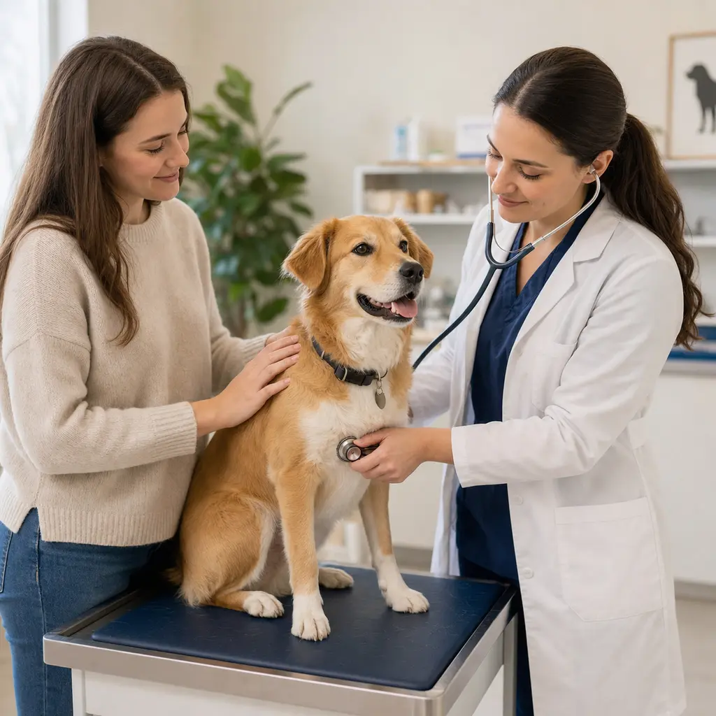 Veterinarian checking a calm dog during a routine visit.