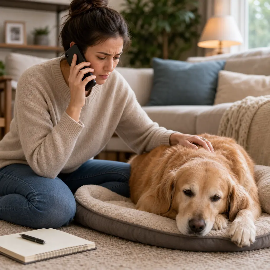 Owner calling a vet while sitting beside a tired dog at home.