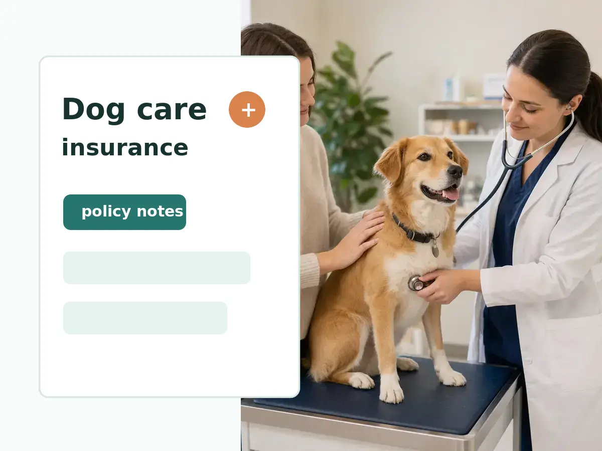 Dog care insurance notes beside a routine veterinary exam.