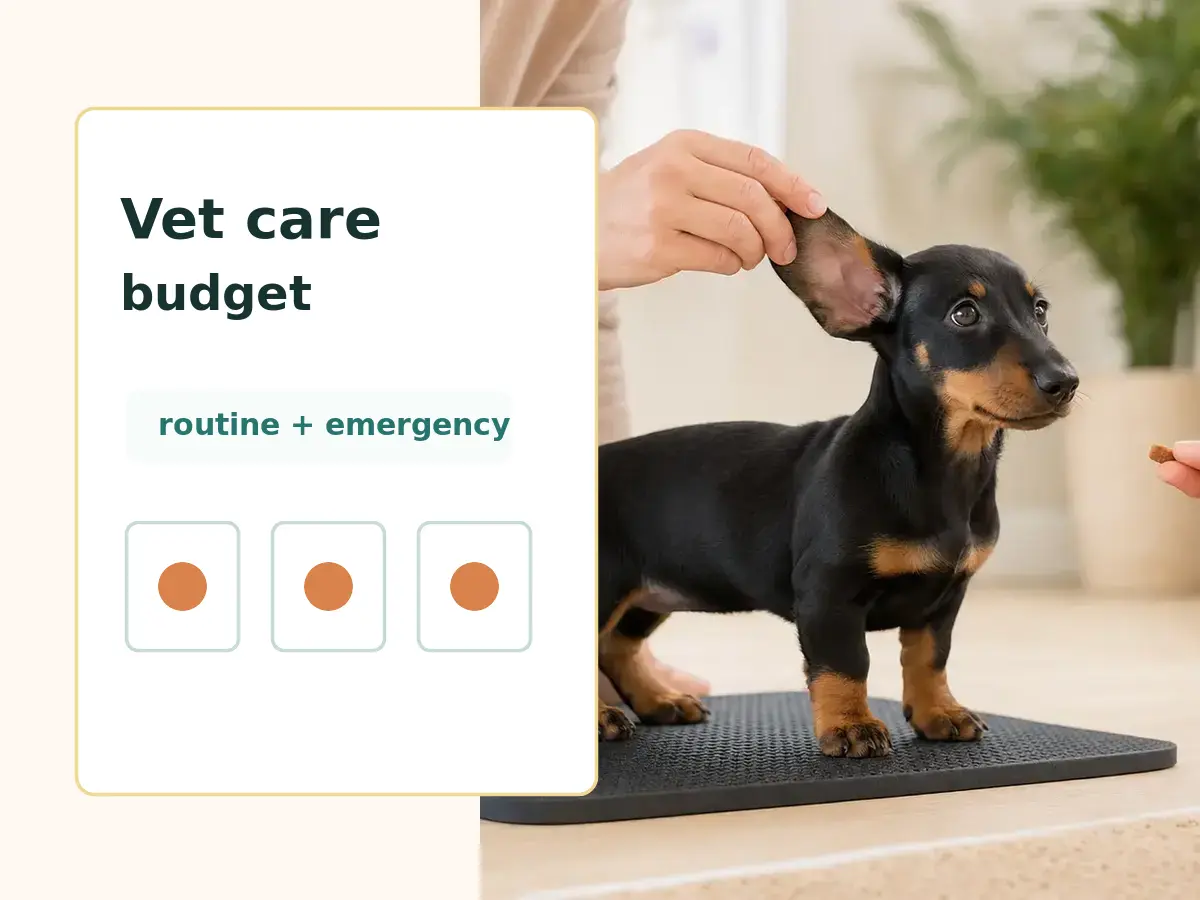 Dog vet care budget notes beside a calm puppy health check.
