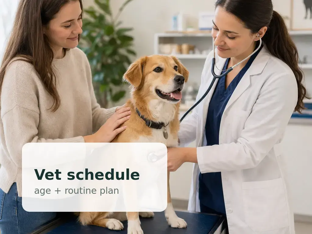 Dog vet visit schedule notes beside a calm checkup.