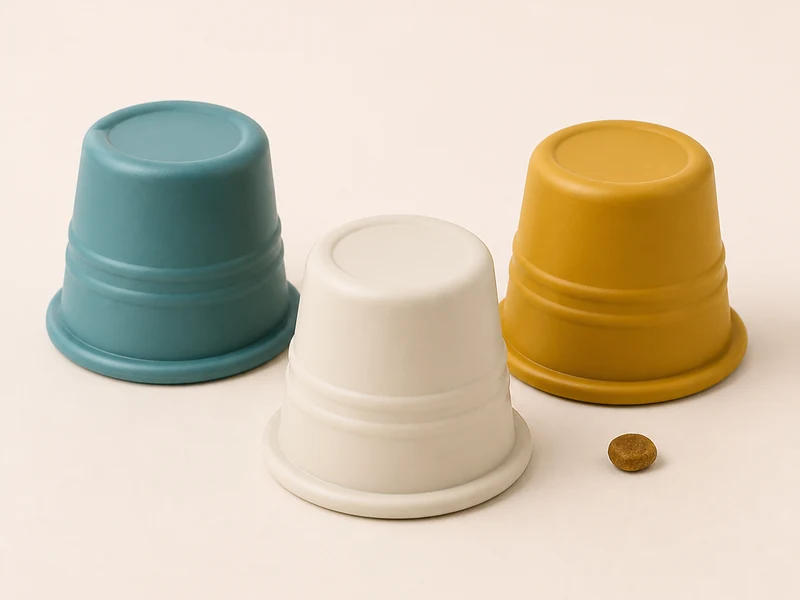 Cups arranged for a simple dog scent search game.