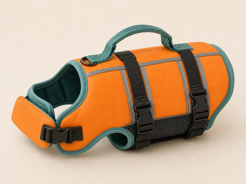 A bright dog life jacket for water safety.