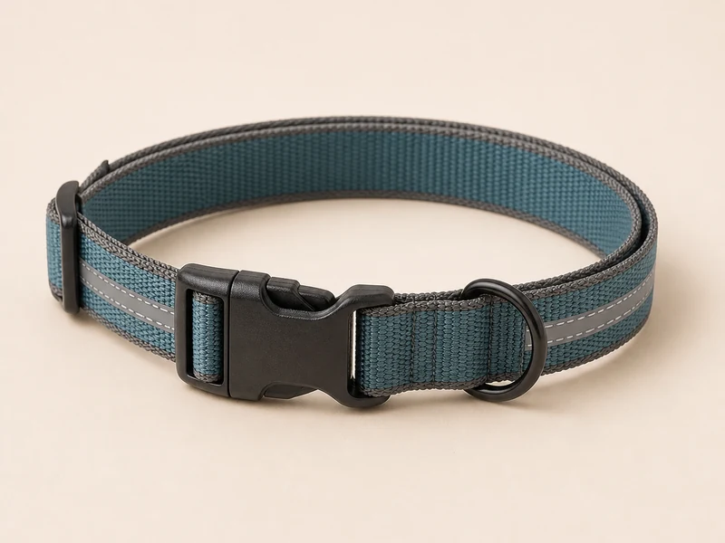 A reflective dog collar with a buckle.
