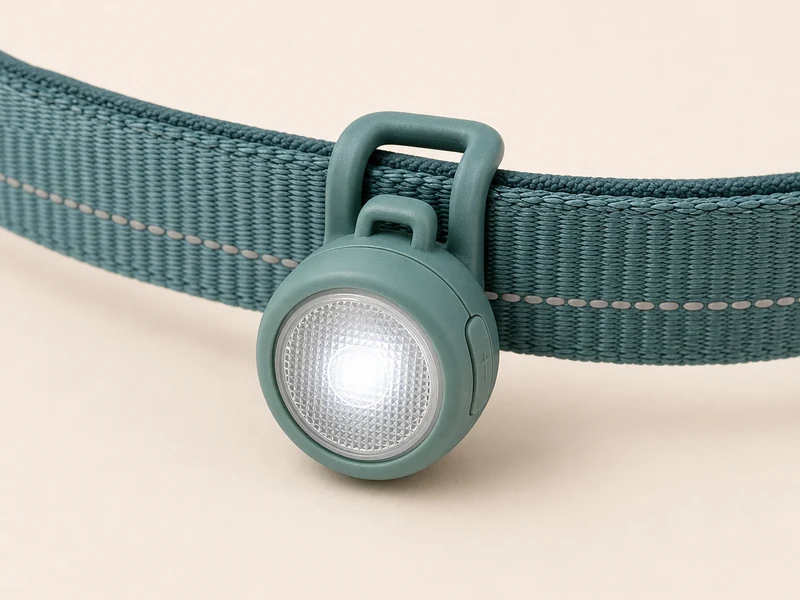 A small clip-on reflective light for a dog leash.
