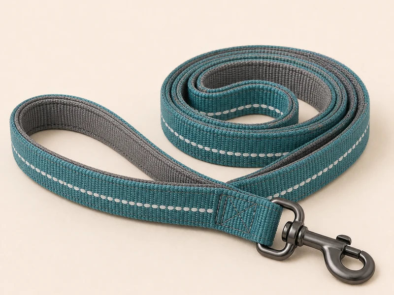 A reflective dog leash with a sturdy clip.