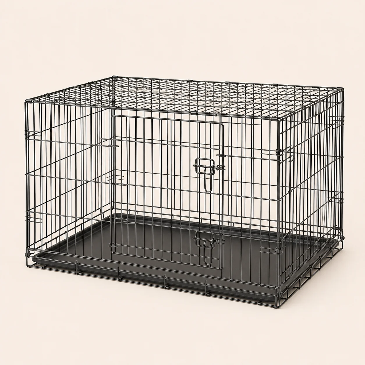 Large dog crate for home management.