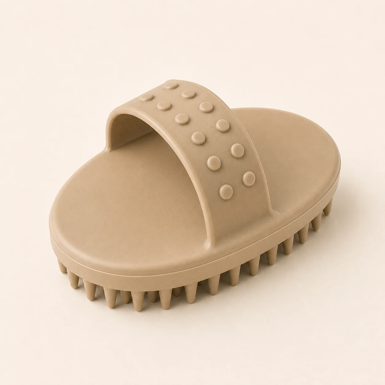 Rubber curry brush for a short-coated dog.