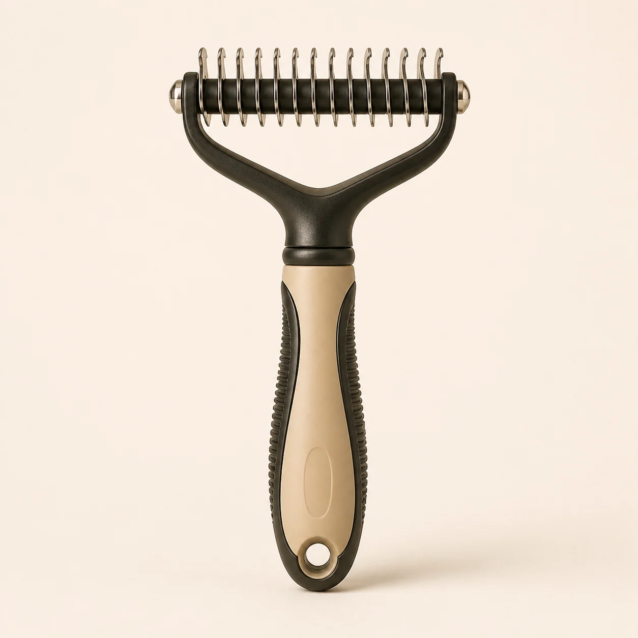 A dog grooming rake for thick coats.