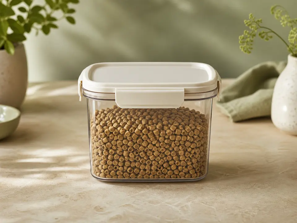 Clear airtight companion-bird pellet container with a locking lid