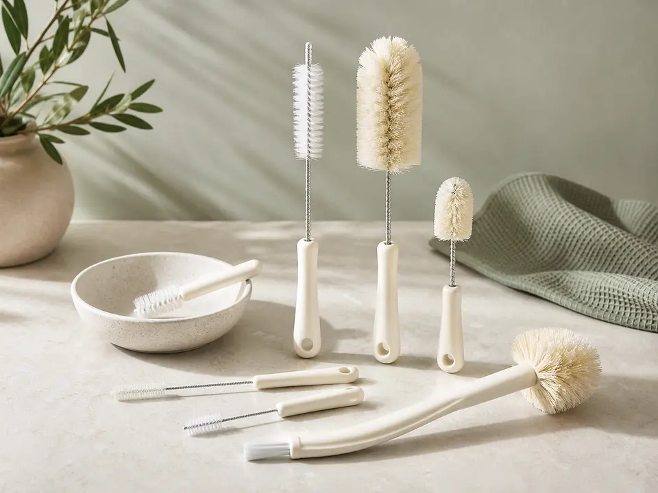 Dedicated set of small bottle and dish-cleaning brushes
