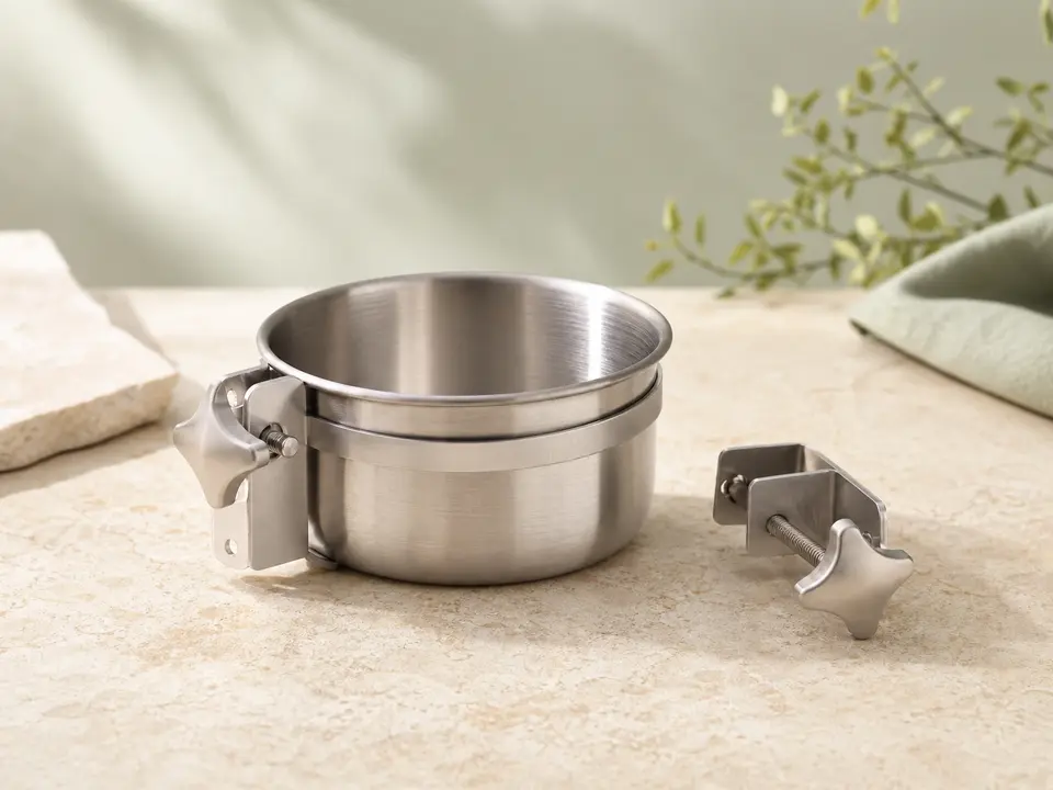 Stainless bird bowl with a secure cage mounting holder