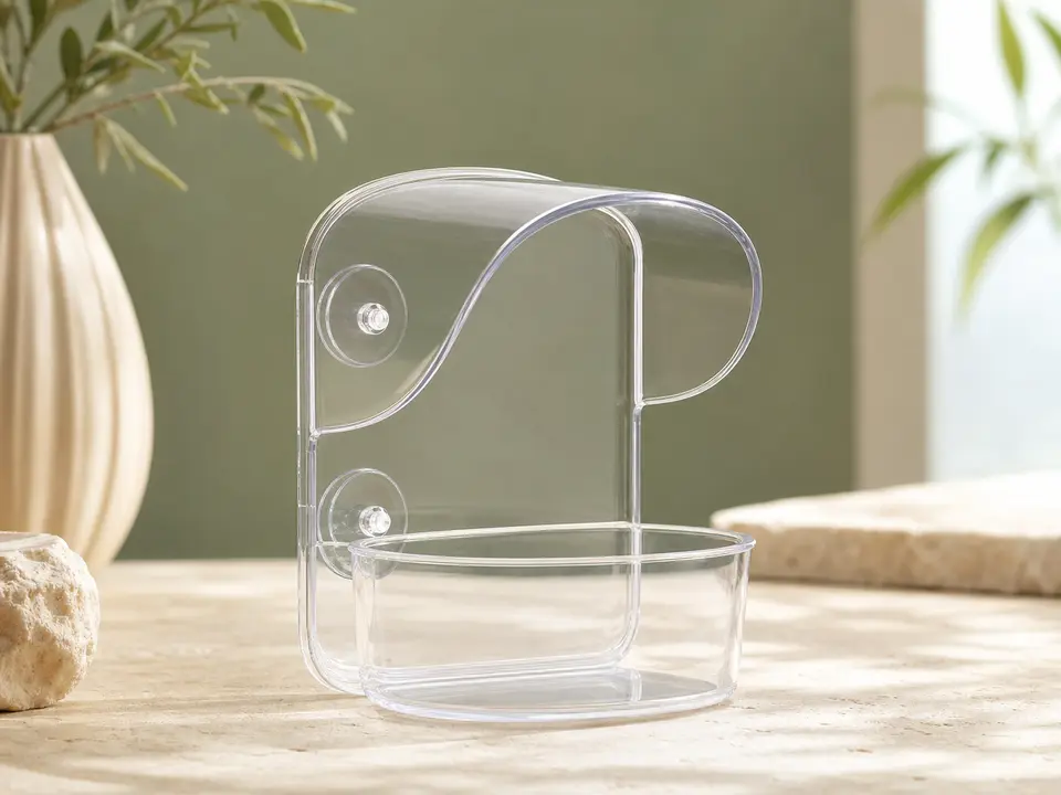 Clear covered companion-bird food cup with a protective hood
