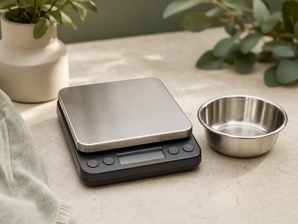 Compact digital gram scale with a small stainless bird bowl