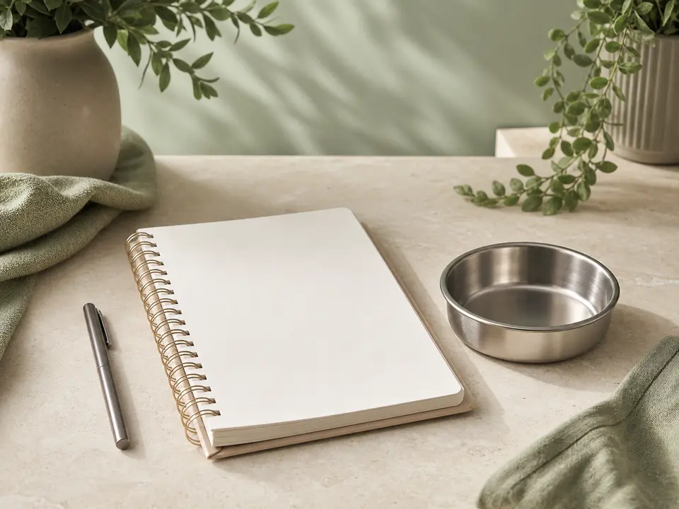 Plain spiral feeding log with a pen beside a small bird bowl