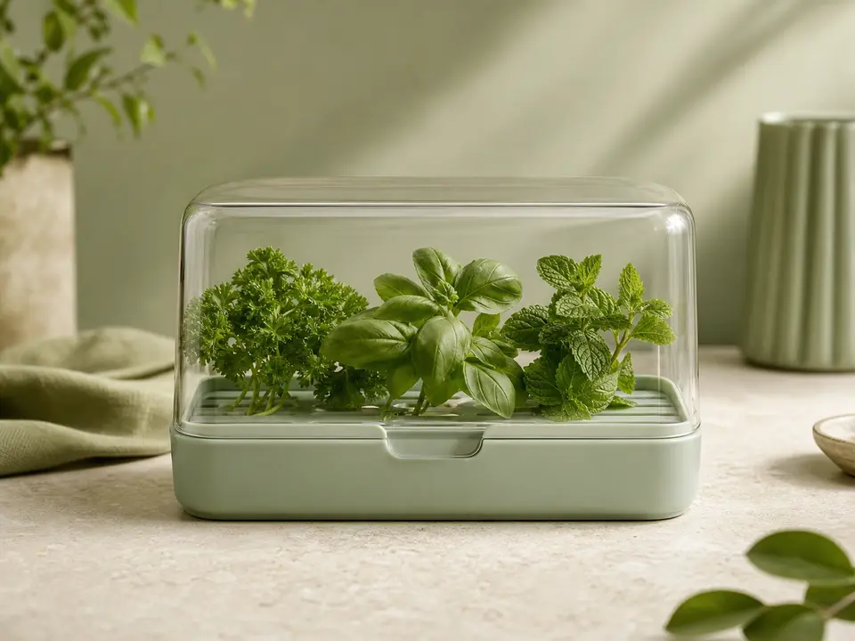 Compact clear herb keeper holding a few fresh leafy herbs