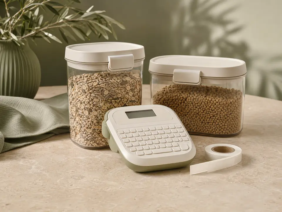 Compact handheld label maker beside two plain food containers