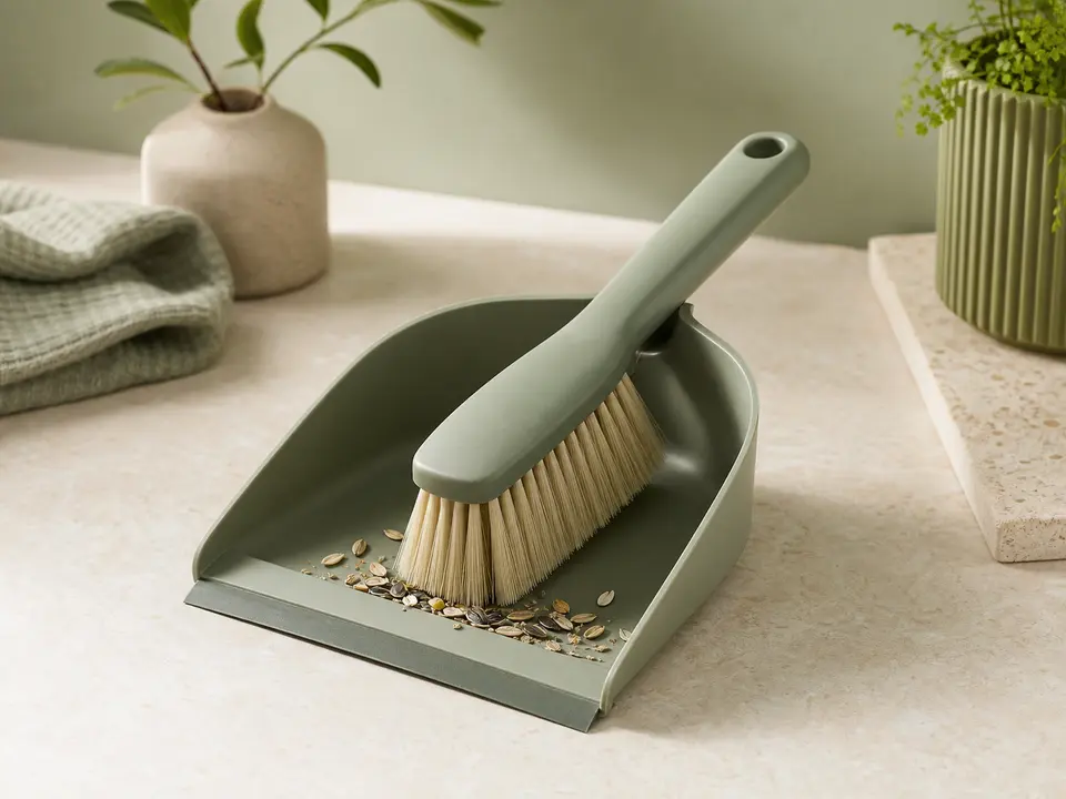 Compact countertop dustpan and brush in muted sage