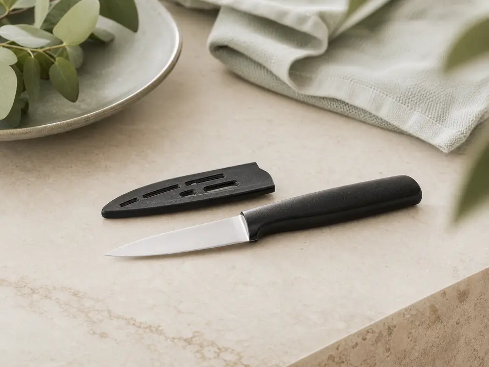 Small stainless paring knife resting beside its protective sheath