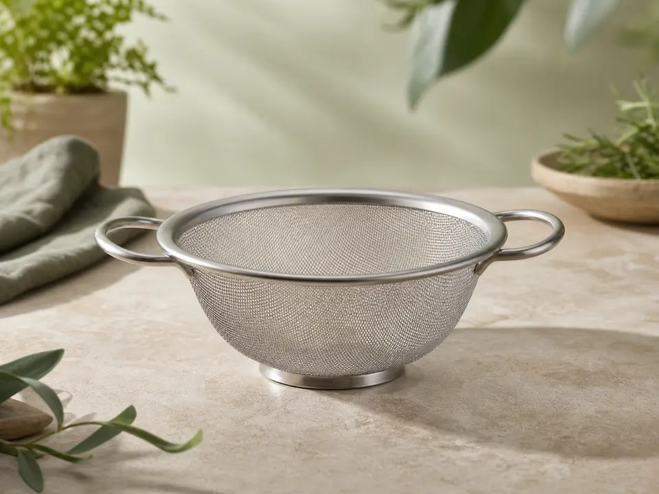 Compact fine-mesh produce strainer with side handles