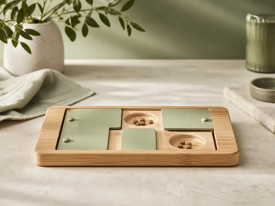 Low tabletop companion-bird puzzle feeder tray with sliding covers