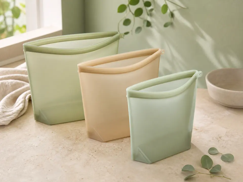 Three translucent reusable silicone food-storage bags