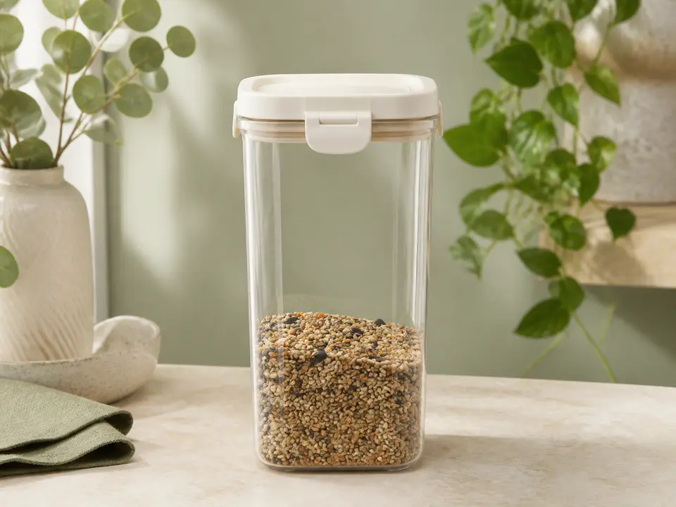 Tall clear airtight bird-seed container with a locking lid