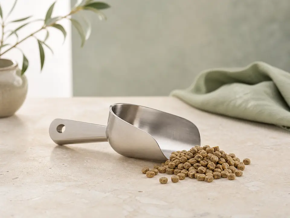 Small stainless steel scoop beside plain companion-bird pellets
