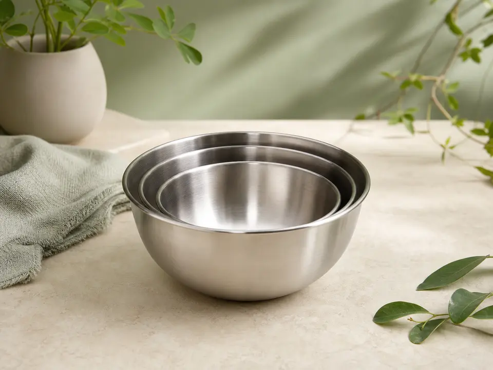 Nested set of three small stainless steel food-prep bowls