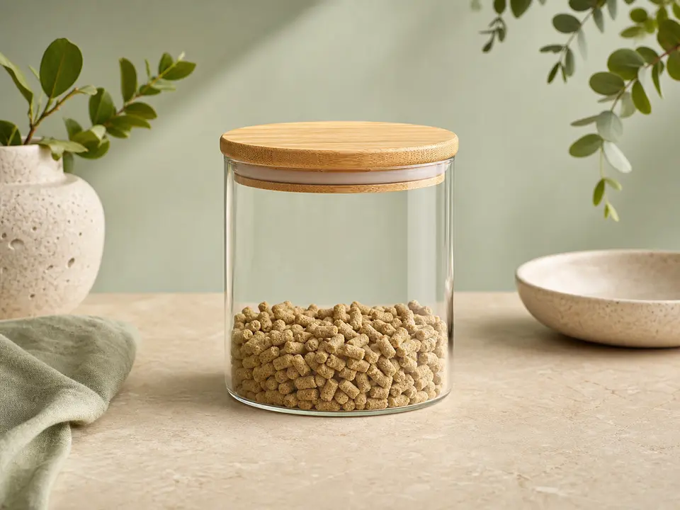 Small airtight glass treat jar with a bamboo lid