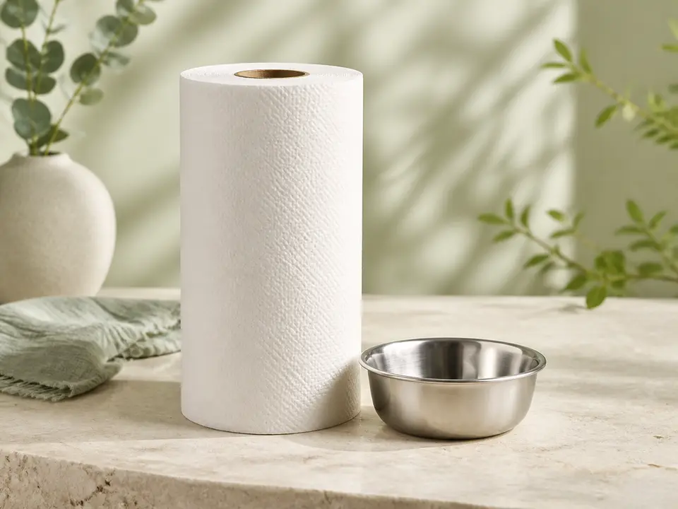 Plain white paper-towel roll beside a clean bird-feeding prep area