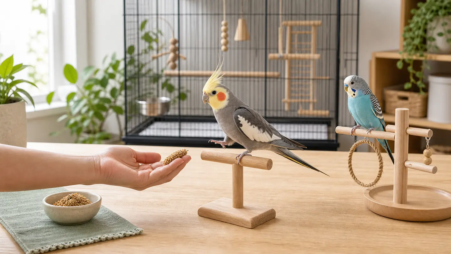 Cockatiel stepping onto a tabletop training perch while a budgie watches from a nearby stand in a calm bird-care room.