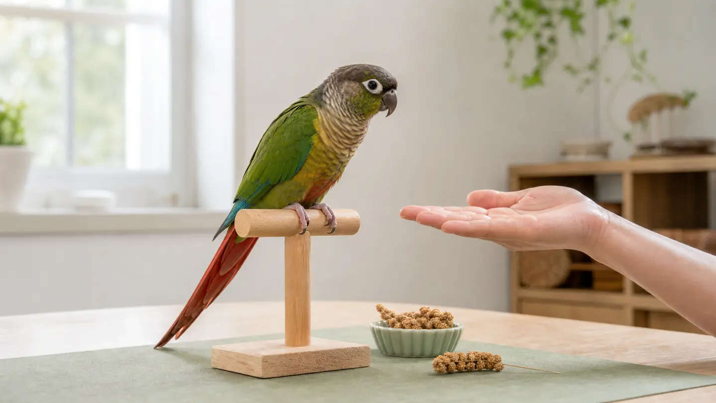 Green-cheeked conure on a low training perch with an open hand paused nearby to give the bird choice.