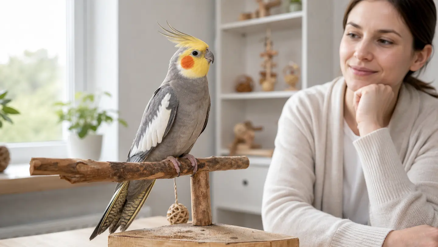 Cockatiel on a tabletop perch with clear relaxed posture while a person calmly observes from nearby.