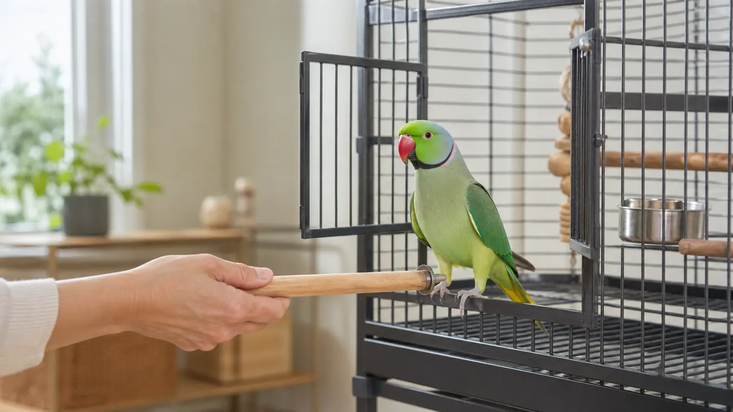 Indian ringneck parakeet at an open cage doorway while a perch is offered outside the cage.